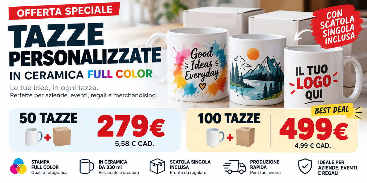 Tazze personalizzate Full Color: 50 a €279 oppure 100 a €499, scatola singola inclusa